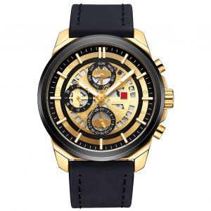 Montre A Quartz Naviforce Avec Bracelet En Cuir Et Cadran A Trois Yeux Pour Homme (Dore Et Noir) - Neuf