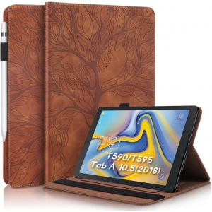 Etui Samsung Tab A 10.5"" 2018 Coque En Cuir Pu Portefeuille Porte-Stylo Flip Support Housse Etui Tablette Pour Samsung Galaxy Tab A 10.5 Pouces 2018 Sm-T590/Sm-T595 Arbre En Relief - Marron.[F3172] - Neuf