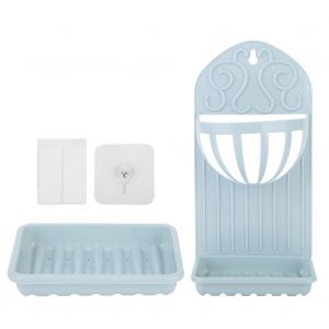 HJLIAN Porte-savon mural a ventouse, support double pour salle de bain, douche, gobelet, eponge, panier (bleu clair) - Neuf