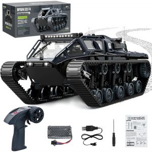 Tank Telecommande 1:16, RC Char - Rotation à 360°, Télécommande Crawler Réservoir avec Lumières LED et 2 Batteries, 2.4GHz Tout-Terrain Tank Radiocommandé Jouet pour Enfants (Gris) - Neuf