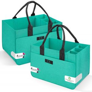 Sjzg-Lot De 2 Sacs &Agrave; Provisions En Feutre Avec Compartiments - Grand Sac En Feutre - 30 L - Pliable - Sac Pour Bouteilles De Chemin&eacute;e, V&ecirc;tements - Sac &Agrave; Jouets (Smiley Turquoise + Gris Fonc&eacute;/2 - Neuf