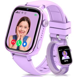 4G Montre Connect&eacute;e Enfants Avec Gps Et T&eacute;l&eacute;phone, Appels Vid&eacute;o, Messages, Mode &Eacute;cole, Appel D'Urgence Sos, &Eacute;tanche Ip68, R&eacute;veil, Podom&egrave;tre, Musique - Cadeau Pour Gar&ccedil;ons Et Filles (Violet) - Neuf