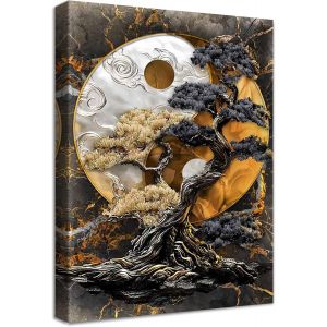 ERYI-Cadre En Bois Impression Sur Toile Arbre Qian Kun Yin Yang Tableau Image Sur Toile Camée Noir Marron Argenté Tableau Decoration Murale Salon Chambre Coucher Salle De Bains Couloir 40X60Cm - Neuf