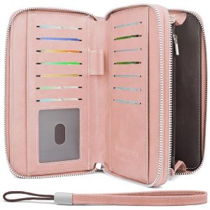 CAUC-Portefeuille Femme en Cuir PU Grande Capacite Porte Monnaie Femme RFID Blocage Porte Feuilles pour Femme avec 14 Emplacements Cartes Fermeture Eclair Longue Portefeuille (Rose) - Neuf
