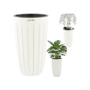 Pot De Fleurs Cache-Pot Bac &Agrave; Fleurs Avec Insert, Couleur Blanc, Rond &Oslash; 29 Cm, H 50 Cm, Belles Rainures &Eacute;l&eacute;gantes, Plastique Mat - Neuf