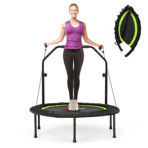 Trampoline Pliable Pour Fitness Diam&egrave;tre 101 Cm Avec Main Courante R&eacute;glable Et 2 Bandes De R&eacute;sistance En Acier Vert Helloshop26 20_0014489 - Neuf