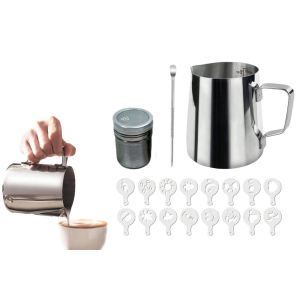 Ensemble Pichet &Agrave; Lait En Acier Inoxydable Avec Saupoudreur &Agrave; Poudre Et Pochoirs Pour Latte Art - Neuf