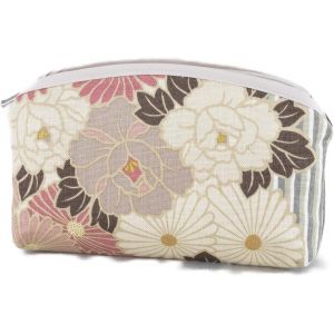 MAA-Trousse Maquillage Petite pour Femmes Fabriqué au Japon Pochette Tissu Zippée Fabriqué Petite Trousse de Toilette Pochette Cosmétique Vanity Fleurie (Rétro Fleur Rose-Beige) - Neuf