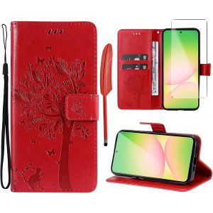 - Case For Samsung Galaxy A56 5G [1 X Tempered Glass] Flip Case Cover Pu Leather Wallet Silicone [Magnetic Closure] [Card Slots][Stand Feature] - Red - Neuf