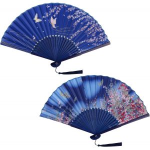 Japanese Fabric Folding Wooden Chinese Fans Silk and Bamboo with Fringe Decoration Japanese Style Mini Fan for Women Wedding Summer Children Girls Men Pack of 2 - Neuf
