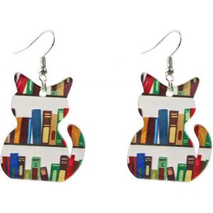 Kal-1pair Boucles D'oreilles En Forme Chat Pour Les Amateurs De Chats, Cadeaux Pour Les Amateurslivres, Boucles D'oreilles De Bibliothécaire, Boucles D'oreilles En Forme De Livre Pour Femme - Neuf
