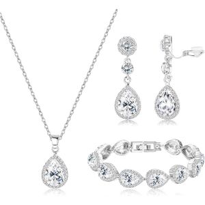 Kalanka-Parure Bijoux Mariage Pour Femme Mariée Collier Bracelet Clip On Boucle D'oreilles Ensemble Cristal Strass Pendentif Larme Boucles D'oreilles Prom Fiançailles Faire La Fête Parure Bijoux - Neuf