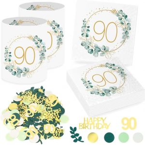 20 Pièces Serviettes 90e Anniversaire+12 Pièces Photophores Décorations de Table pour 90 Anniversaire, Confettis 90e Anniversaire, Serviette Eucalyptus Homme Femme 90 Anniversaire Decoration - Neuf