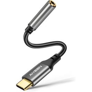 C&acirc;ble Adaptateur USB C vers Audio 3,5 mm,Puce DAC,convertisseur st&eacute;r&eacute;o Type-C vers auxiliaire en Nylon tress&eacute; avec connecteur plaqu&eacute; Or,Son Haute r&eacute;solution,13 cm-Gris - Neuf