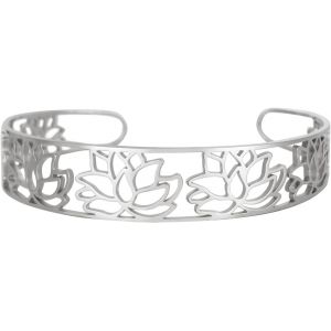 Kalsw-Lotus Open Cuff Bracelet En Acier Inoxydable Bracelet Lotus &Eacute;l&eacute;gant Bracelet Creux Sculpt&eacute; R&eacute;glable Pour Les Femmes De Bijoux Floraux Boho - Neuf