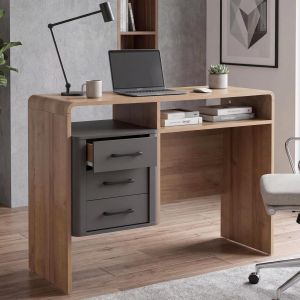 Bureau HWC-P43, bureau de travail, bureau d'ordinateur, 3 tiroirs en MDF, 75 x 100 x 40 cmaspect ch&ecirc;ne Rivera, gris fonc&eacute; - Neuf