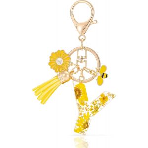 KAL-Letter Keychains Initiale Lettre Porte Clef Lettre,Alphabet Initial Keyring Avec Pampille Pendentif,Jaune Pétales Feuille D'Or Key Ring Pour Femmes Filles Portefeuilles Sac À Main Charme - Neuf