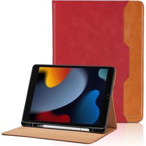 LORANKA-Coque pour iPad 10.2 Pouces Mod&egrave;le 2021/2020/2019, 9&egrave;me/8&egrave;me/7&egrave;me G&eacute;n&eacute;ration PU Cuir Cover Tablette Housse de Protection Auto R&eacute;veil/Sommeil, Multi-Angle &Eacute;tui avec Pencil Holder - Rouge - Neuf