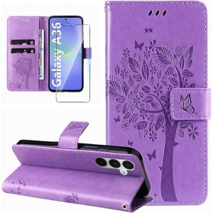 JGD-Coque pour Samsung Galaxy A36 5G Etui Portefeuille Cuir avec Verre Tremp&eacute; Motif Porte Carte &agrave; Rabat Clapet Housse Protection Flip Case &Eacute;tui Coque pour Samsung Galaxy A36 5G-Violet - Neuf