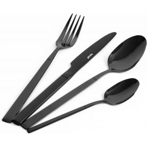 Checarzhn--No1-Couverts De Table 16 Pièces Pour 4 Personnes, Acier Inoxydable 18/0, Manche Ergonomique, Lavable Au Lave-Vaisselle, Set Couverts De Table Pour Maison Et Restaurant (Noir) - Neuf