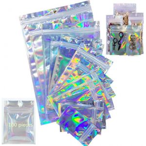 100 Pièces Sacs Refermables Anti-Odeur Mylar Sac Pochette En Papier D¿Aluminium,Sac Plat Holographique En Aluminium Sachets Refermables Zip Pour Stockage De Cadeaux,Sac À Bijoux¿12×22cm¿ - Neuf