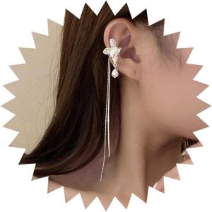 Kal-Boucle D'oreille À Pince Avec Houppe Et Longue Chaîne Boucle D'oreille À Pince Avec Perle En Forme De Papillon Boucle D'oreille À Pince Avec Perle En Forme De Papillon Bijoux Pour Femmes - Neuf