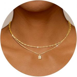 Kal-Chaîne Pour Femme - Plaqué Or 14 Carats - Avec Pendentif Carré - Solitaire - Étanche - Mini Cz - Chaîne Superposée - Argenté/Doré - Neuf