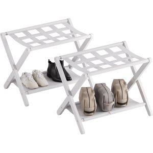 SUBZONAL-Porte Valise pour Chambre, Lot de 2, Repose Valise Hotel Pliable, Porte Bagage en Bambou, Baggage Stand avec &eacute;tag&egrave;re, Montage Facile, Blanc - Neuf