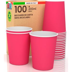 Kal-Lot De 100 Verres En Papier 200 Ml Écologiques Biodégradables Jetables Fabriqués En Italie Pour Emporter Des Boissons Chaudes Et De L'eau Colorées Fuchsia. Fabriqué Et Emballé En Italie - Neuf