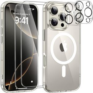 KALANKA-Magn&eacute;tique Coque pour iPhone 16 Pro Max avec 2 Verres Tremp&eacute;s et 2 Cam&eacute;ra Protecteur, Compatible MagSafe Anti-jaunissement Dos Anti Rayures Coque iPhone 16 Pro Max 6.9"" -Transparent - Neuf