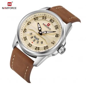 Montre-Bracelet A Quartz Etanche Naviforce Pour Homme, Bracelet En Pu (Boitier Blanc + Jaune) - Neuf