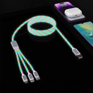 TRAHOO-LED Light Up iPhone 3-en-1 Chargeur C&acirc;ble Lightning USB-C & Micro USB, C&acirc;ble MFi Certified pour Apple iOS, Pad, Google Android - Neuf