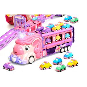 Camion de course licorne avec circuit pliable et 6 mini voitures de princesse - Neuf