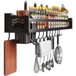 Chenquansarl-Etagere A Epices Murale Cuisine Rangement Epices Cuisine Porte Epices Mural Range Epice Etagere Cuisine Sans Percage En Aluminium Avec Porte-Couteau, Crochet,40cm - Neuf