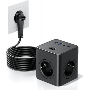 Cube Multiprise 8-en-1 avec Interrupteur, 4 Prises avec 2 USB-A et 2 USB-C, multiprise Power Cube avec Anneau de Traction, c&acirc;ble de 1,5 m pour la Maison/Le Bureau, Noir - Neuf