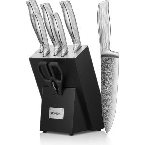 Jexnovashop-Couteau Cuisine, 7 Pi&egrave;ces Set Couteaux Cuisine Avec Technologie Aff&ucirc;teur Int&eacute;gr&eacute;, Couteaux De Cuisine En Acier Inoxydable, Avec Bloc Couteaux En Bois - Neuf