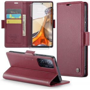 Kal-Coque Pour Xiaomi 11t/Xiaomi 11t Pro+ 2 Pi&egrave;ces Verre Tremp&eacute;,Antivol,Prend En Charge Le Chargement Sans Fil, Pochette Fermeture Magn&eacute;tique Flip Case-Bourgogne - Neuf