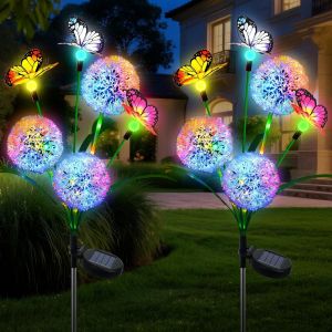Lampe Solaire Exterieur Jardin, 2 Pi&eacute;ces Lumi&egrave;re En Pissenlit Et Papillon, D&eacute;coration Jardin Ext&eacute;rieur Solaire &Eacute;tanche, &Eacute;clairage Solaires Deco Pour Patio All&eacute;e Cour Porche No&euml;l - Neuf