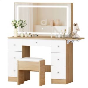 ALFORDSON Coiffeuse avec miroir, 7 tiroirs et prises de courant, ensemble de coiffeuse avec tabouret de rangement et plateau pliable, 3 modes d'&eacute;clairage et 10 niveaux d'intensit&eacute; variable - Neuf
