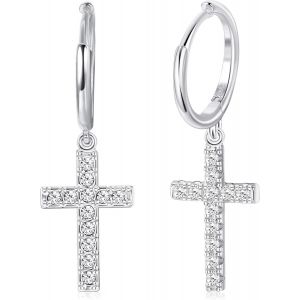 925 Boucles D'oreilles Créoles En Argent Sterling Pavé Cz Or Minimaliste Balancent Zircon Cubique Croix Boucles D'oreilles Pendantes Pour Femmes Hommes.[X3360] - Neuf