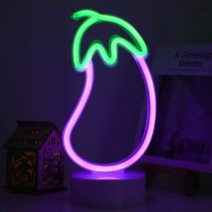 ERYI-Lampe Néon En Forme D'Aubergine En Forme D'Aubergine, Lampe De Nuit Décorative Alimentée Par Usb Et Piles Pour La Maison, La Chambre À Coucher, La Fête, Un Anniversaire, Noël - Neuf