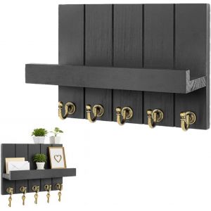 Plaque à clés en bois avec 5 crochets-Étagère murale décorative pour clés avec étagère-Armoire à clés en bois pour entrée,couloir,salon-Noir - Neuf