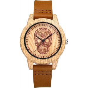 Eryi-Montres Pour Hommes En Bois Tête De Mort Montres Pour Hommes : Crâne Steampunk Montre À Quartz Analogique Avec Échelle À Barres Punk Imitation Bois Montres Avec Bracelet En Cuir Véritable - Neuf