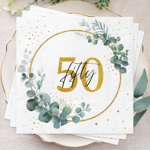 Kal-Lot De 40 Serviettes En Papier Pour 50e Anniversaire Femme Et Homme - Vert Eucalyptus - Décoration De Table Pour Le 50e Anniversaire - Neuf