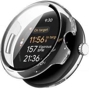 CAUC-Coque pour Google Pixel Watch 41 mm, Coque de Protection en PC Ultra Fin en Verre tremp&eacute; HD r&eacute;sistant aux Rayures, Protection d'&eacute;cran compl&egrave;te &agrave; 360&deg; (Transparent) - Neuf
