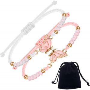 Eryi-Ensemble De 2 Bracelets Bff, Bracelet Rose Blanc, Meilleur Ami, Bracelet Fait À La Main, Bracelet Papillon Chaîne Réglable, Bracelet D'amitié - Neuf