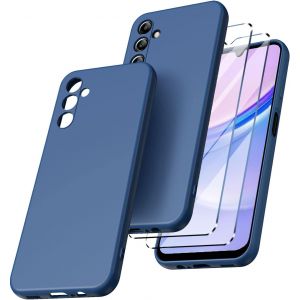Kal-Coque Pour Samsung Galaxy A15 4g/5g + 2 Verres De Protection, En Silicone Liquide Souple Tpu Bumper Bleu - Neuf