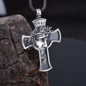 Vintage Christ J&eacute;sus Crucifix Pendentif Collier Cha&icirc;ne En M&eacute;tal Bijoux Lourds Cadeau Religieux Chr&eacute;tien Couronne &Eacute;pines Grand Pendentif - Neuf