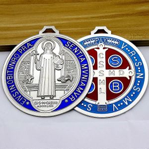 Antique Métal Saint Benoît Croix Médaille Rond Grand Exorcisme Stbenedict Pendentif Maison Tenture Murale Bureau Décoration Bijoux - Neuf