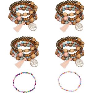 Lot De 4 Bracelets Liu Su Avec 2 Perles En Bois Color&eacute;es,Cordes &Agrave; Main Fines,Boh&egrave;me Multicouche,Pendentif Arbre De Vie,170-210mm - Neuf